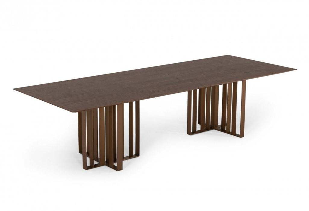 118" Stainless Steel Double Pedestal Base Dining Table - Brown