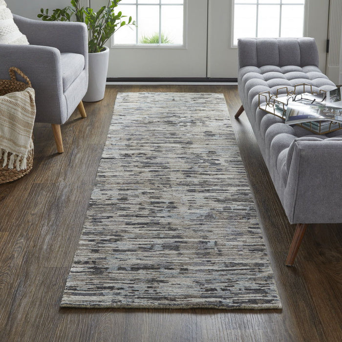 8' Wool Abstract Hand Knotted Runner Rug - Gray Blue And Silver