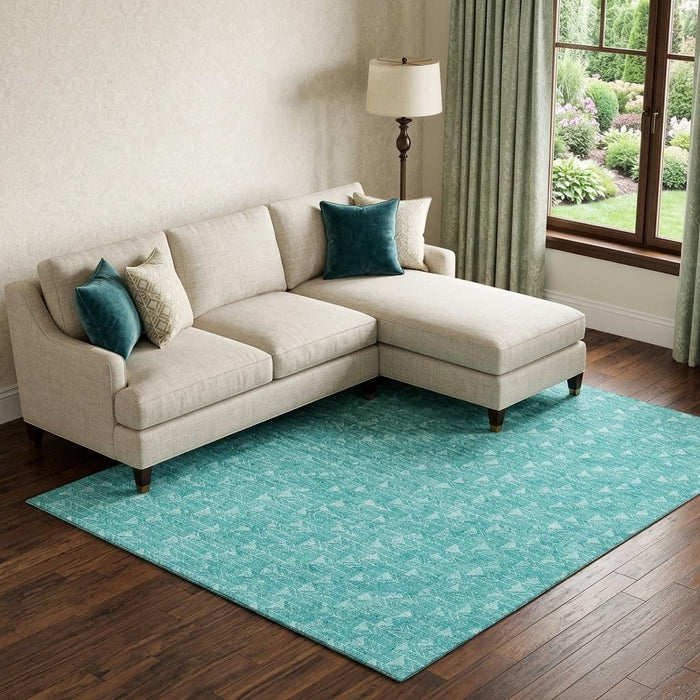 9' X 12' Geometric Washable Area Rug With UV Protection (647121) - Teal / Ivory