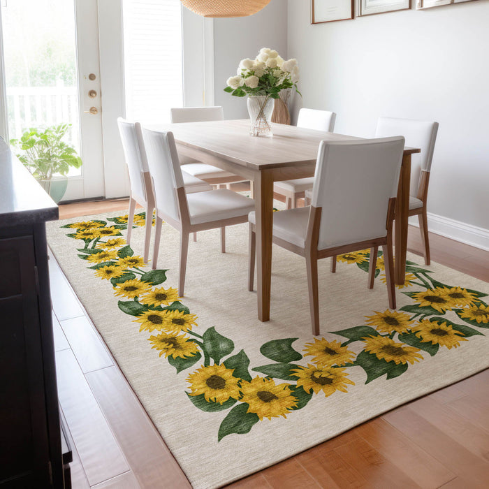 10' X 14' Geometric Washable Area Rug With UV Protection - Yellow / Ivory