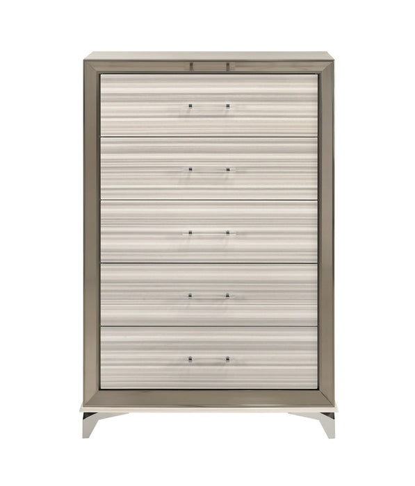 Beige and white 53-inch wood lighted five-drawer accent chest dresser from HomeRoots with modern design and stylish handles.
