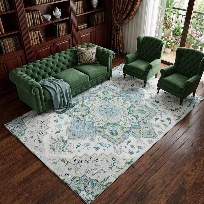 10' X 14' Oriental Washable Area Rug With UV Protection (681347) - Silver / Blue / Ivory