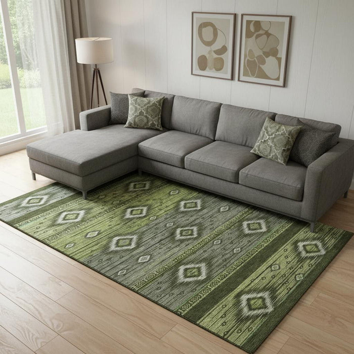 10' X 14' Tribal Washable Area Rug With UV Protection (708910) - Artichoke Green / Gray