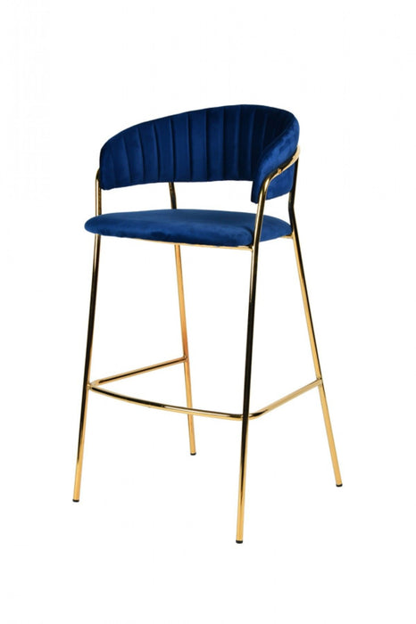 Set of two dark blue steel low back bar height chairs with gold accents, ideal for modern home or bar seating.