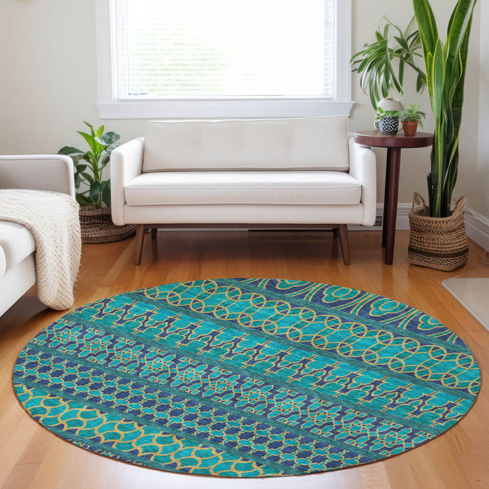 8' Ikat Washable Round Rug With UV Protection - Teal And Gold