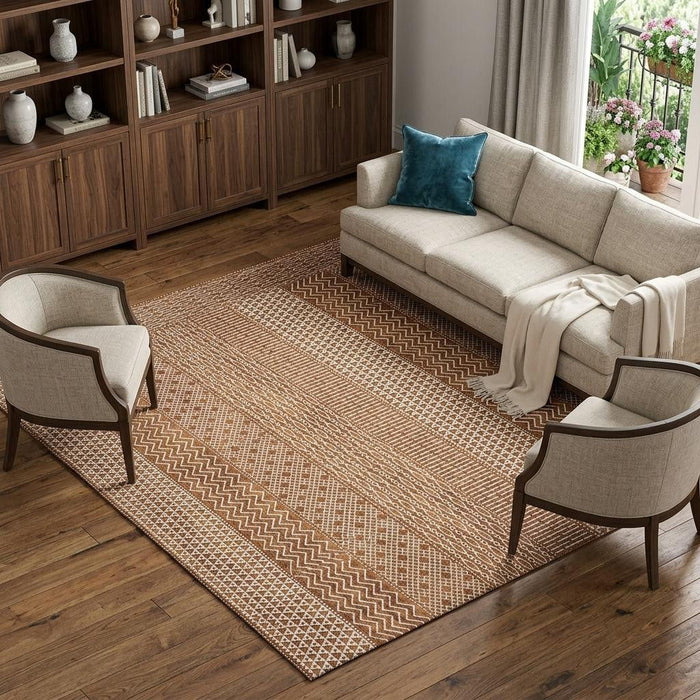 10' X 14' Striped Washable Area Rug With UV Protection (674814) - Rust / Ivory