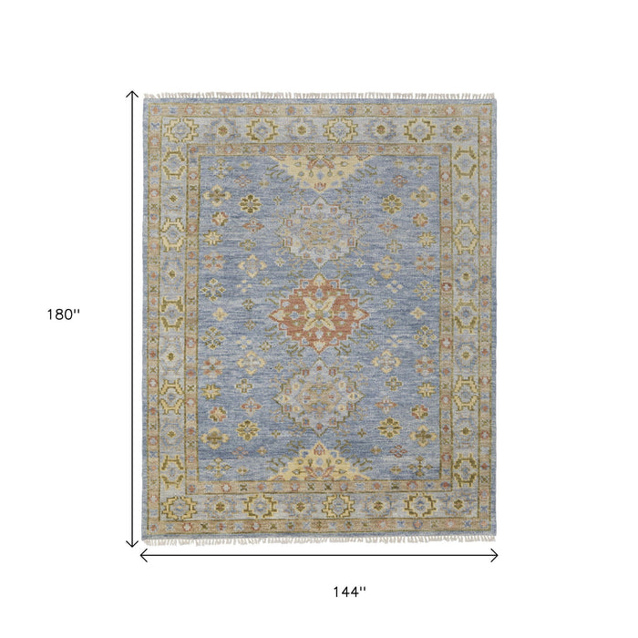 12' X 15' Geometric Hand Knotted Area Rug With Fringe - Blue