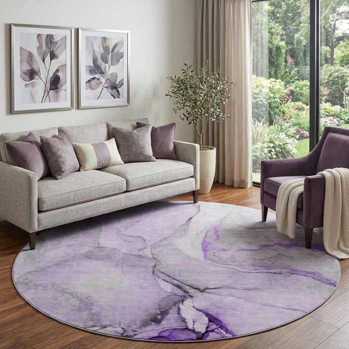 8' Abstract Washable Round Rug With UV Protection (646837) - Purple / Gray / Ivory