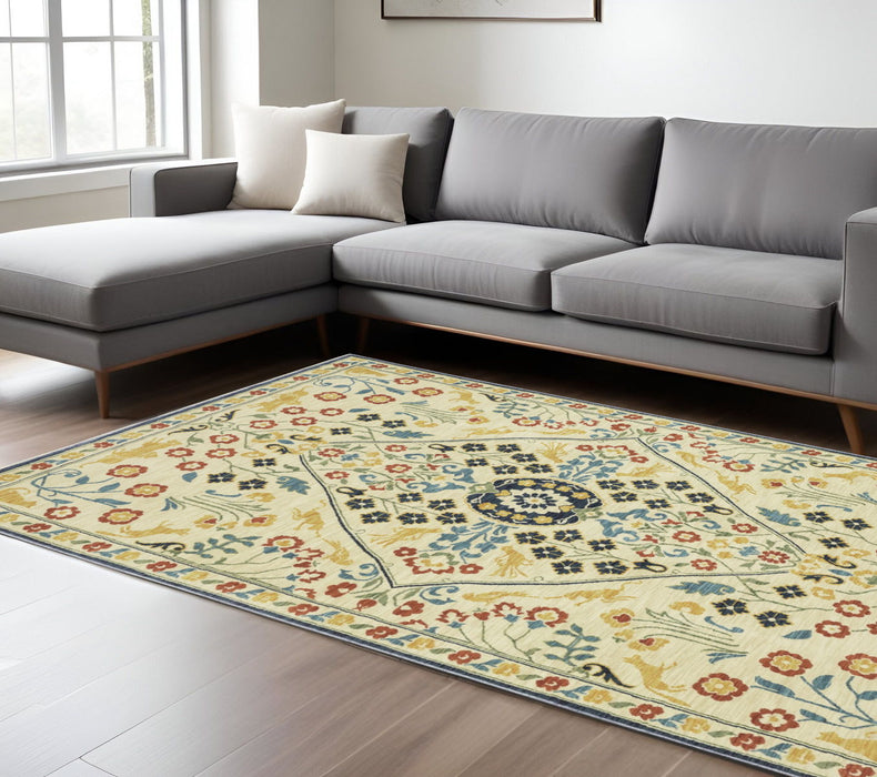 7' X 10' Oriental Area Rug With Fringe - Ivory And Navy Blue