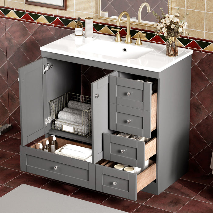 Giga shaker free-standing bathroom vanity cabinet with sink, soft-close drawers and doors, modern design and clean white finish.