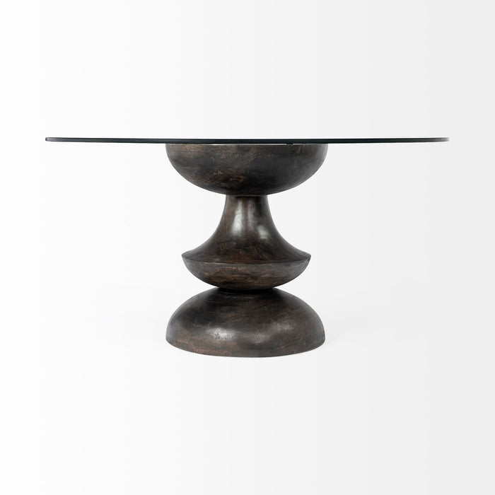 60" Rounded Glass And Solid Manufactured Wood Pedestal Base Dining Table - Brown