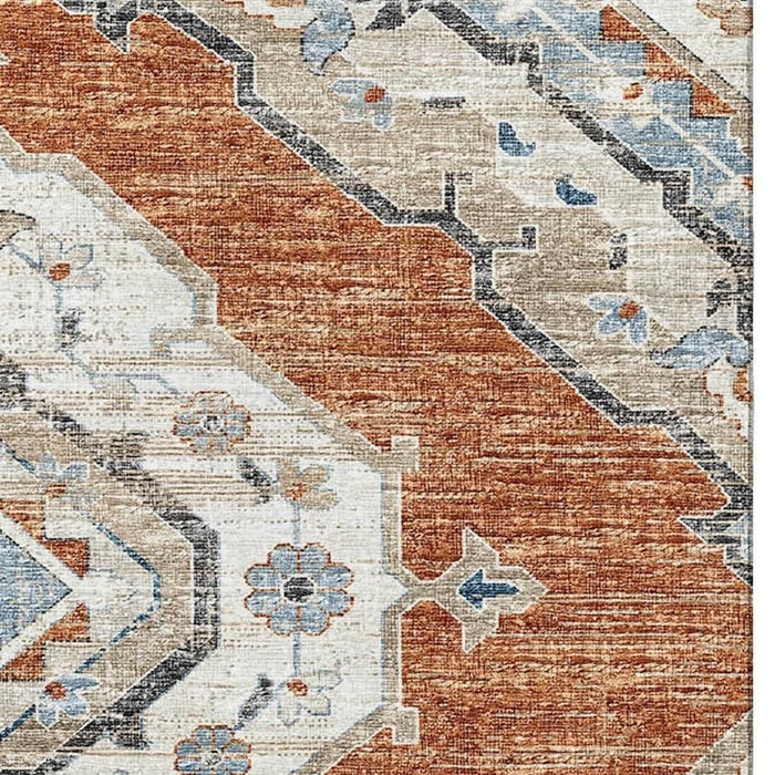 10' X 14' Tribal Distressed Washable Area Rug With UV Protection (644186) - Terra Cotta / Ivory / Blue