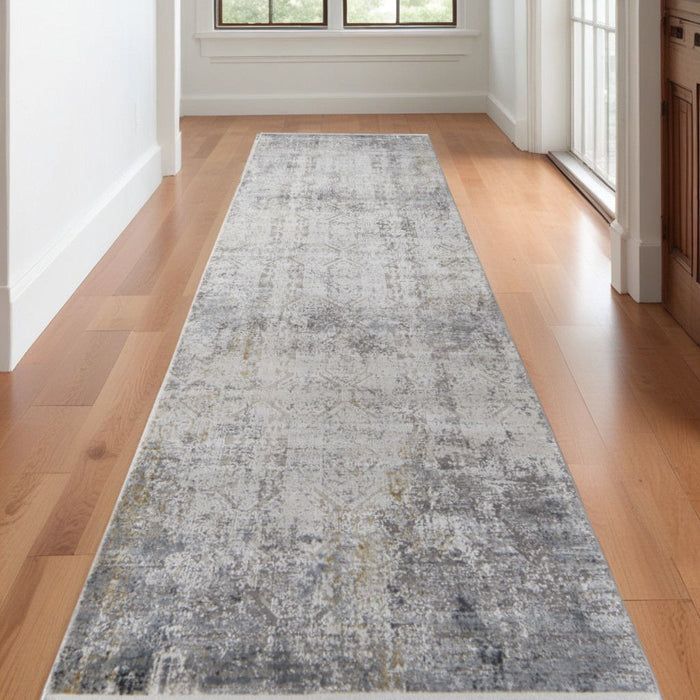 10' Abstract Power Loom Distressed Runner Rug With Fringe - Ivory