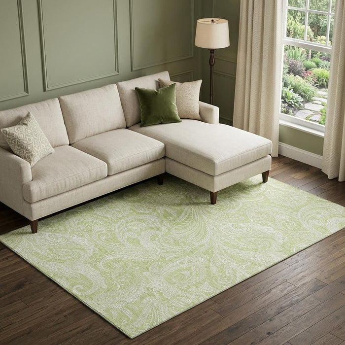 8' X 10' Paisley Washable Area Rug With UV Protection (654630) - Artichoke Green / Ivory