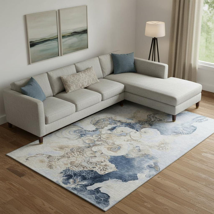 10' X 14' Abstract Washable Area Rug With UV Protection (706097) - Denim Blue / Beige