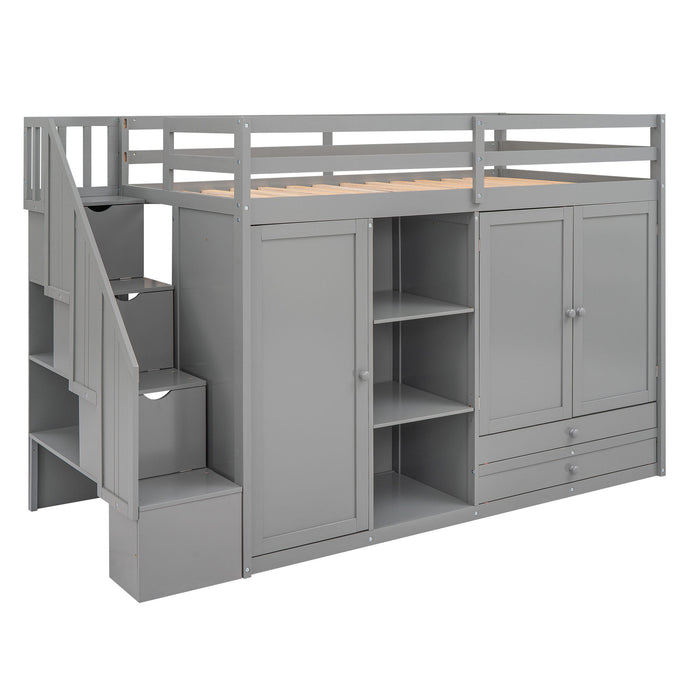 Giga loft bed with three shelves, two wardrobes, two drawers, and ladder storage in a modern bedroom setup