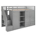 Giga loft bed with three shelves, two wardrobes, two drawers, and ladder storage in a modern bedroom setup