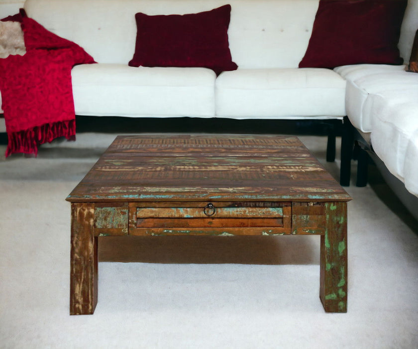 Square Distressed Wooden Coffee Table - Green and Brown