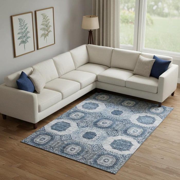 10' X 14' Abstract Geometric Washable Area Rug With UV Protection (708307) - Blue / Ivory