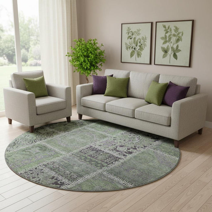 8' Patchwork Washable Round Rug With UV Protection (653245) - Green / Purple