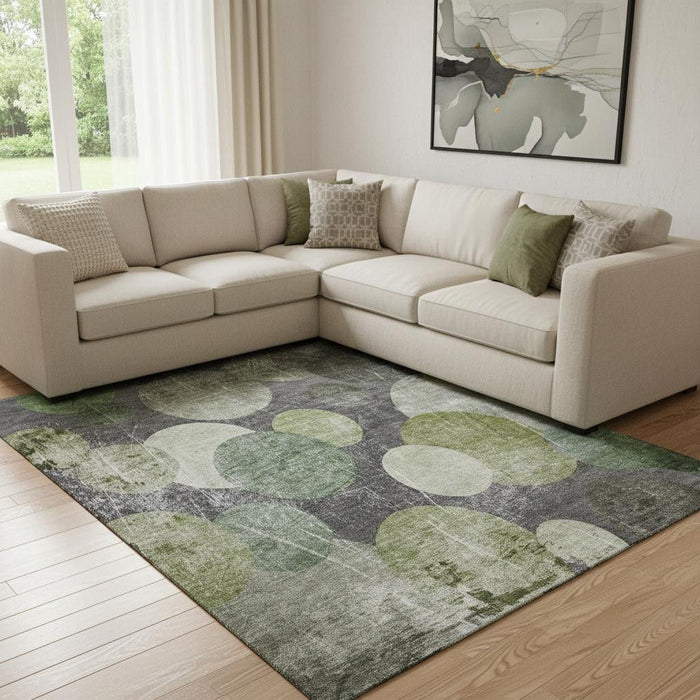 10' X 14' Abstract Washable Area Rug With UV Protection (648910) - Green / Ivory / Gray