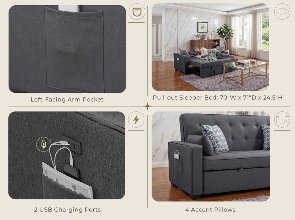 Gray William sleeper sectional by Giga with 4 accent pillows and two USB charging ports, showcasing its modern design and comfort.