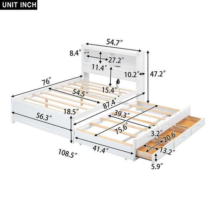 White Giga full size platform bed with trundle, built-in shelves, drawers, and USB ports, shown with mattress and bedding.