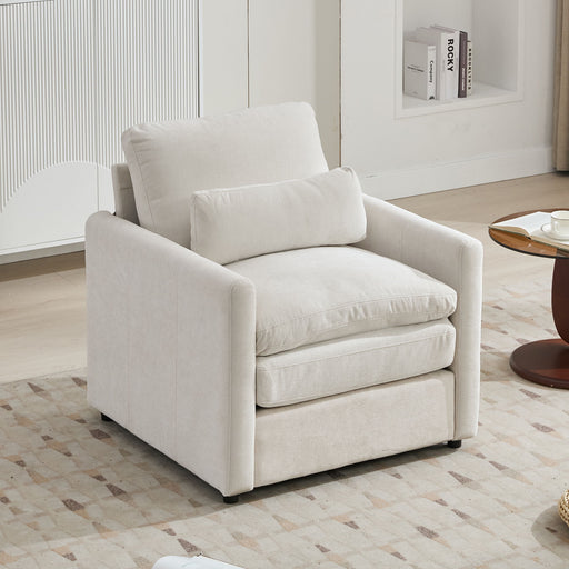 Giga cozy upholstered cushion armchair for living room with plush fabric, padded armrests, and a contemporary design.