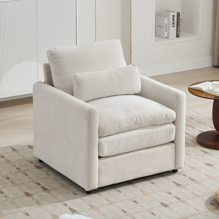 Giga cozy upholstered cushion armchair for living room with plush fabric, padded armrests, and a contemporary design.