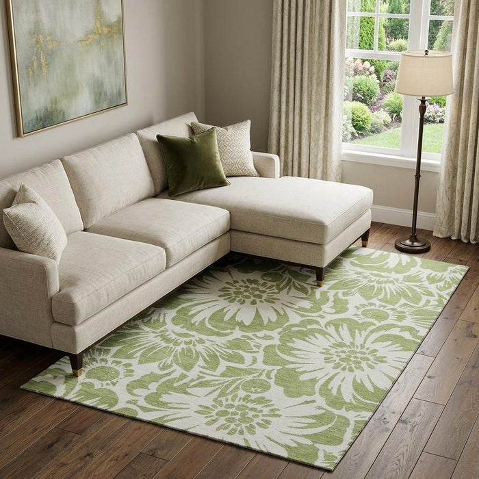 9' X 12' Floral Washable Area Rug With UV Protection (648615) - Fern Green / Ivory