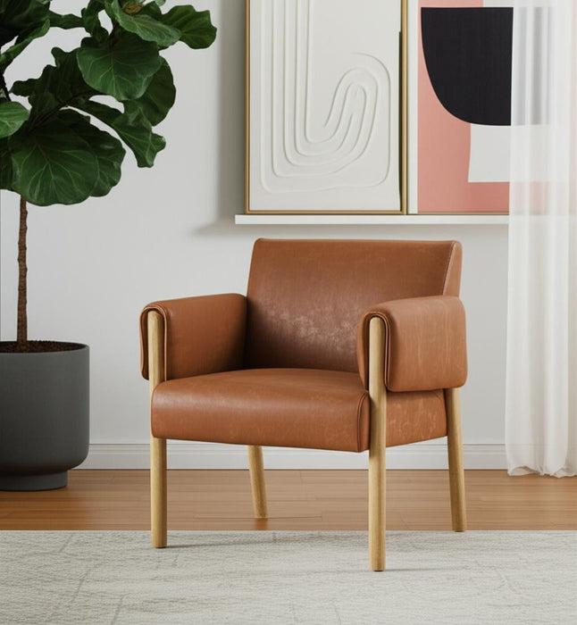 Faux Leather And Solid Wood Arm Chair - Brown