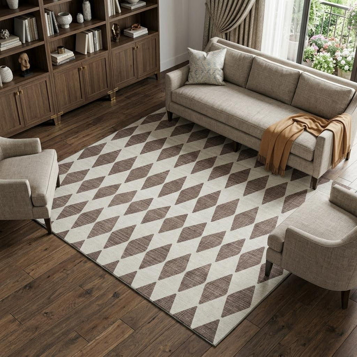 10' X 14' Diamond Washable Area Rug With UV Protection (650038) - Brown / Ivory