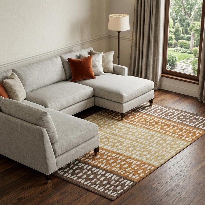 10' X 14' Geometric Washable Area Rug With UV Protection (676332) - Coffee / Copper / Ivory