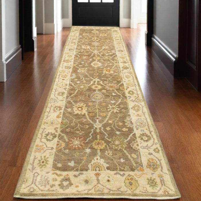 10' Wool Oriental Hand Knotted Runner Rug - Brown And Beige