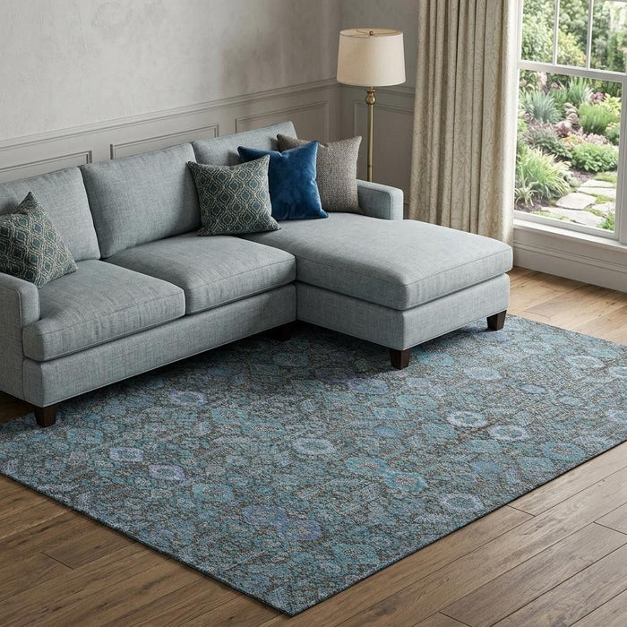 9' X 12' Tribal Washable Area Rug With UV Protection (649911) - Teal / Gray