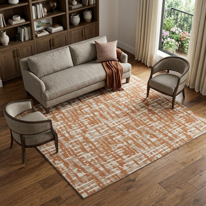 10' X 14' Abstract Geometric Washable Area Rug With UV Protection (683021) - Terra Cotta / Ivory / Beige