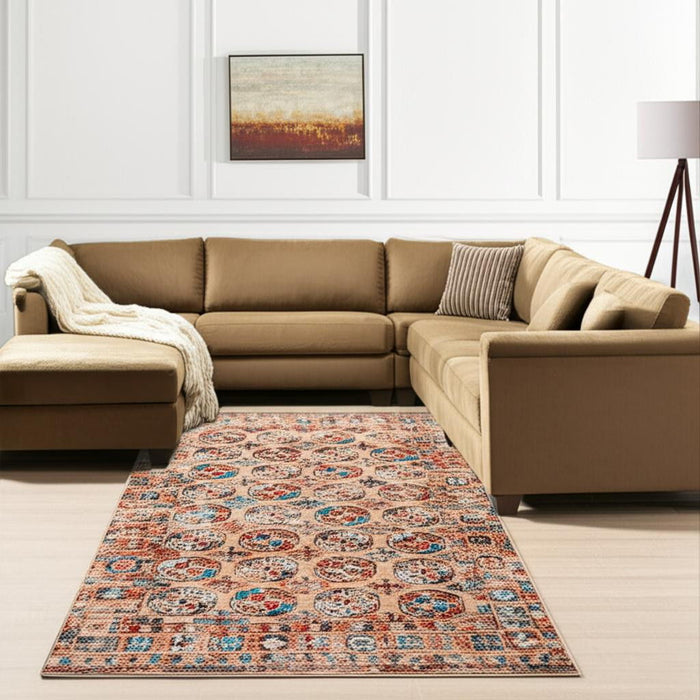 7' X 9' Tribal Washable Area Rug With UV Protection (609961) - Orange / Red