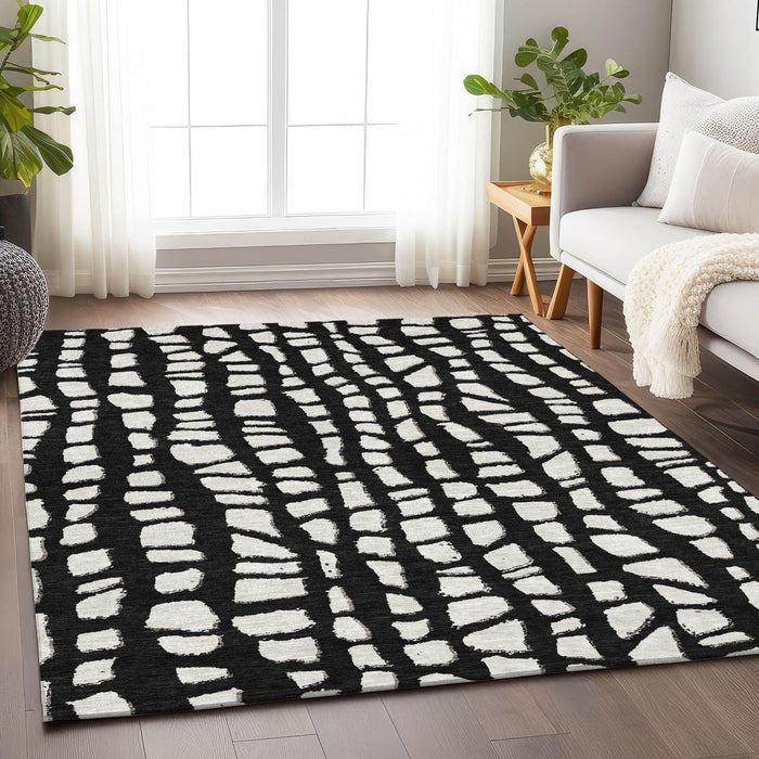 10' X 14' Cobblestone Washable Area Rug With UV Protection - Black And Ivory