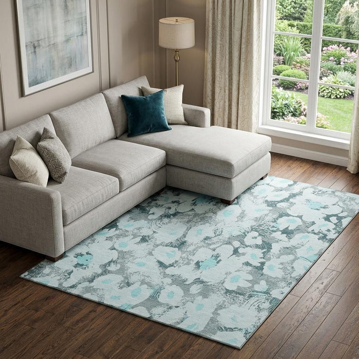 8' X 10' Floral Washable Area Rug With UV Protection (648176) - Teal / Gray / Ivory