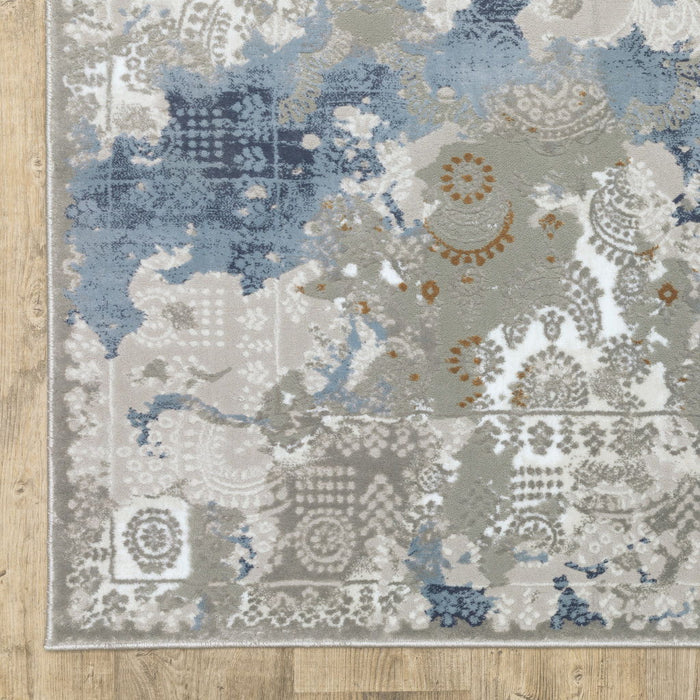 7.9' x 10.8' Abstract Power Loom Stain Resistant Area Rug - Grey Blue Ivory Navy Beige And Brown