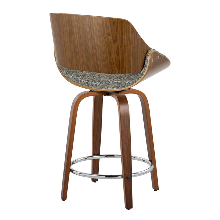 Fabrizzi - 24" Fixed-Height Counter Stool With Swivel And Round Chrome Metal Footrest (Set of 2) - Walnut Wood And Gray Noise Fabric