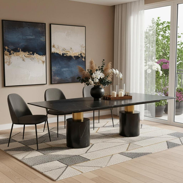 Marble Steel Double Pedestal Base Dining Table - Black / Gold