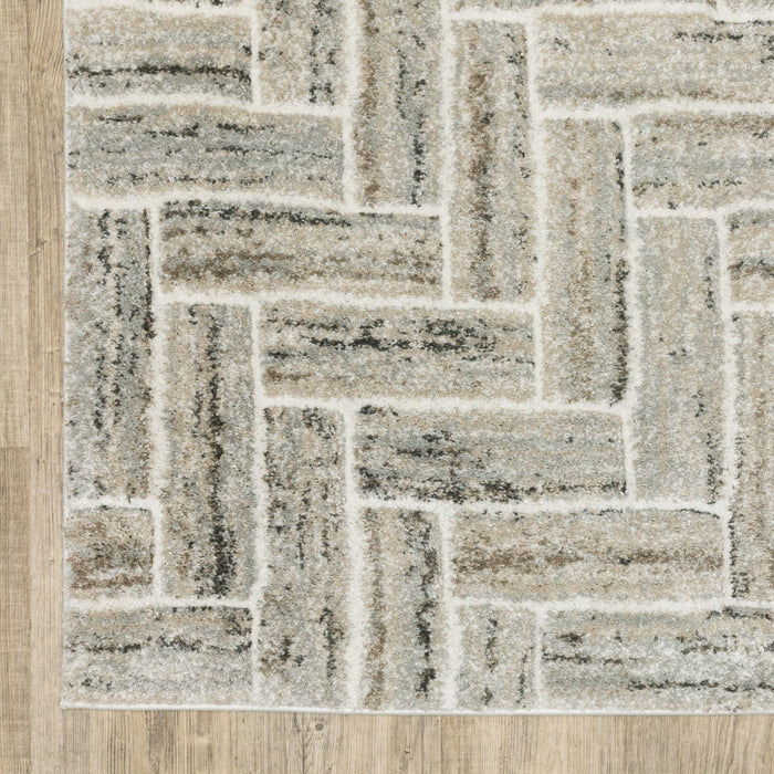 10' x 13' Geometric Power Loom Stain Resistant Area Rug - Ivory Beige Gray Brown Pale Blue And Charcoal