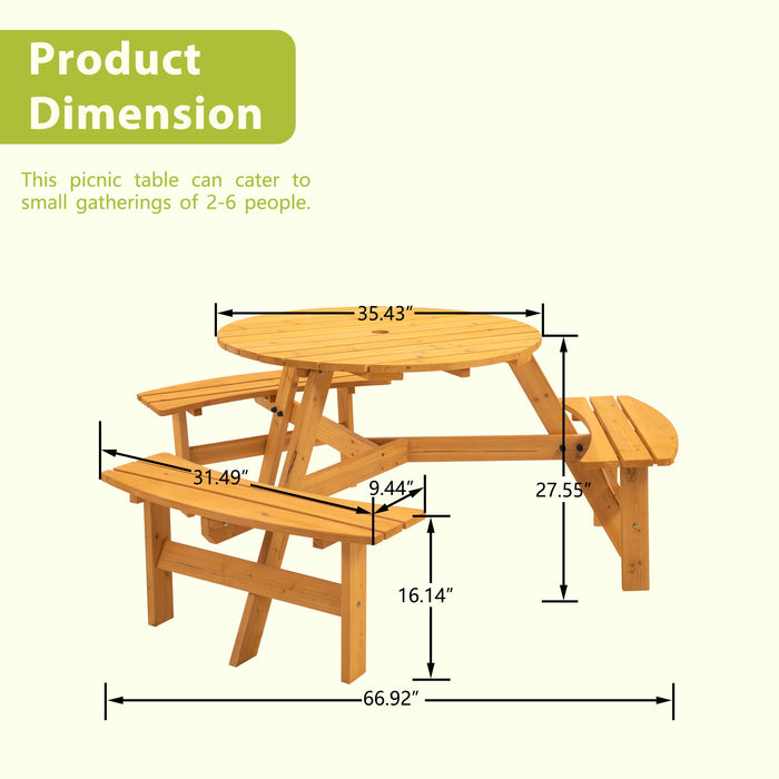 Giga 6-person circular outdoor wooden picnic table with three built-in benches, suitable for patio, backyard, garden, with sturdy construction