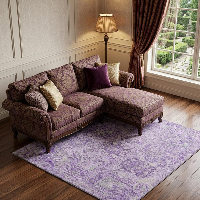 10' X 14' Damask Washable Area Rug With UV Protection (684328) - Lavender / Ivory