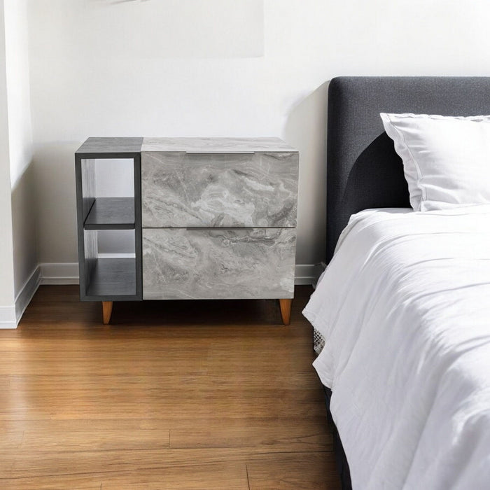 Contempo Faux Marble And Gray Two Drawer Nightstand - Gray