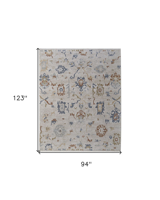 8' x 10' Floral Power Loom Worn Faded Area Rug With Fringe - Ivory Blue And Gold