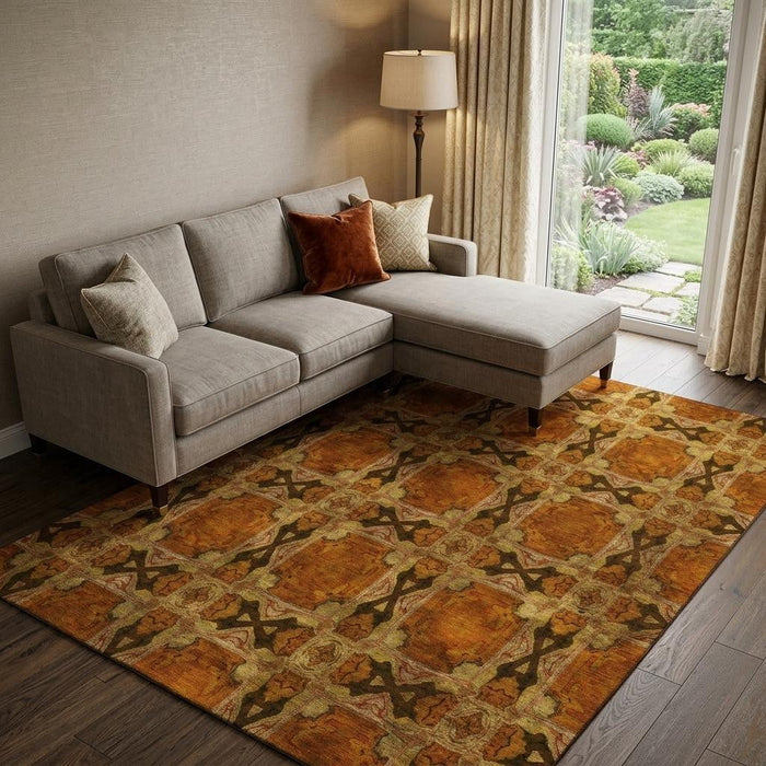 10' X 14' Floral Medallion Washable Area Rug With UV Protection (649510) - Rust / Copper / Gold