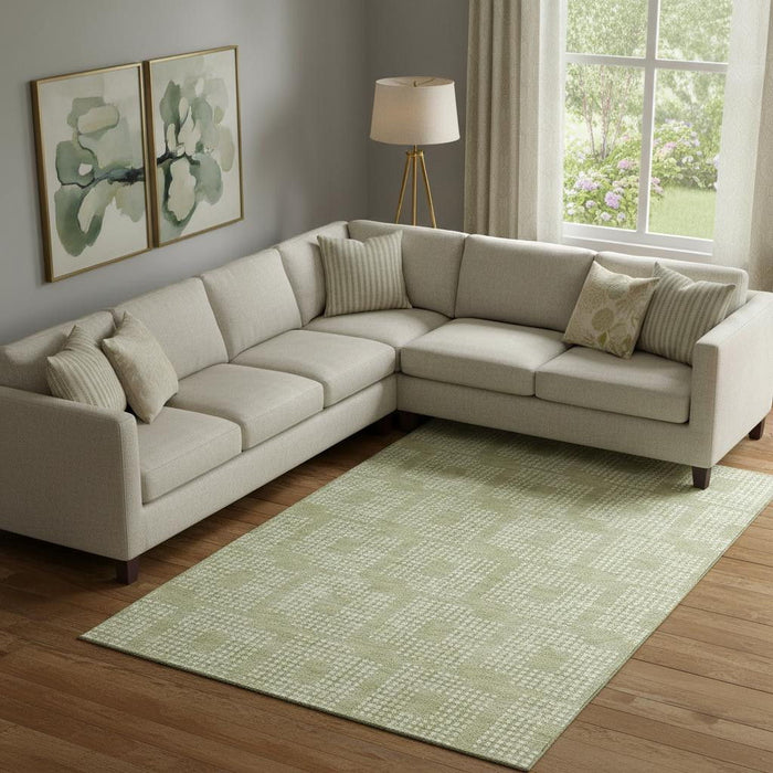 10' X 14' Geometric Washable Area Rug With UV Protection (670682) - Artichoke Green / Ivory