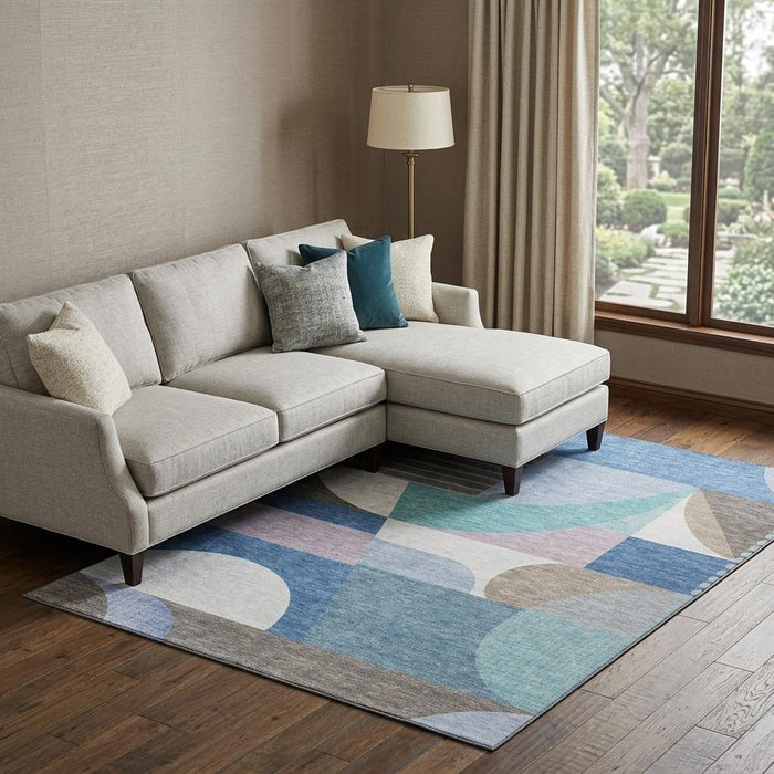 10' X 14' Geometric Washable Area Rug With UV Protection (696584) - Sky Blue / Teal / Ivory